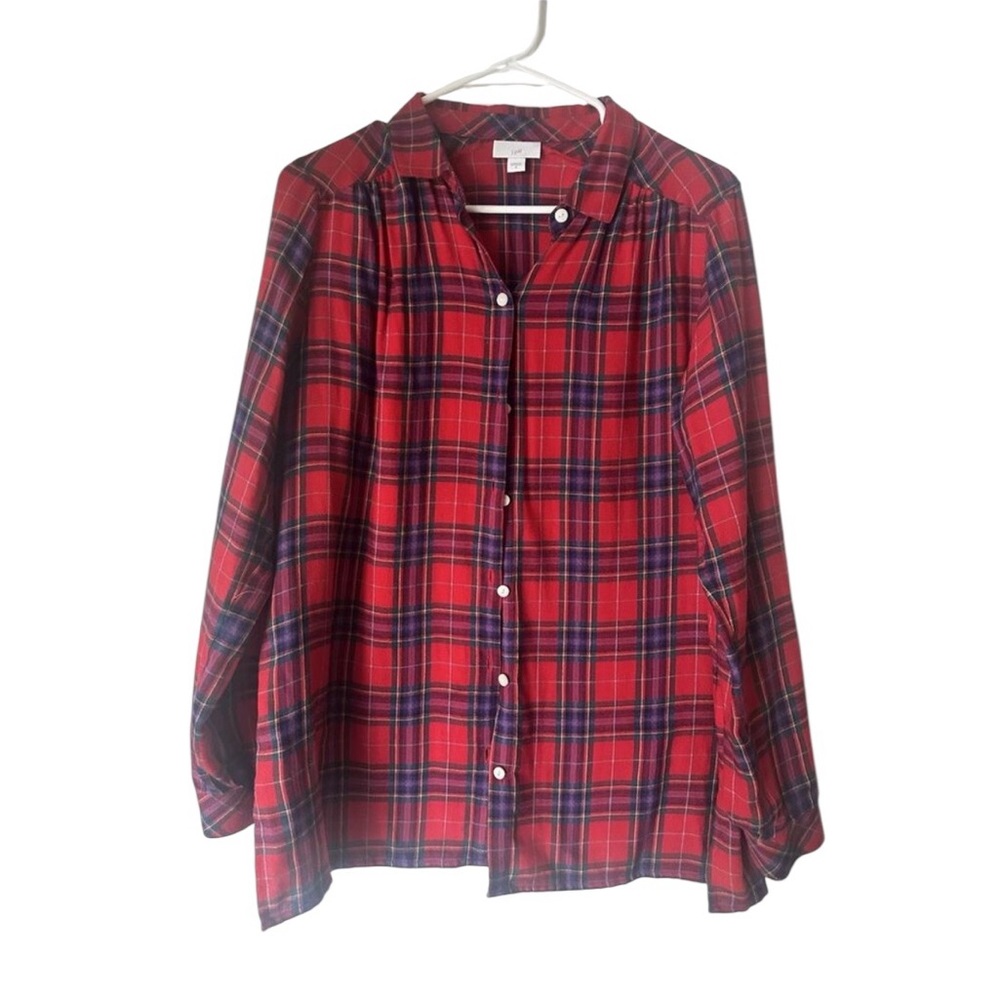 J. Jill Top Womens Size S Red Plaid Flannel Button Front Long Sleeve